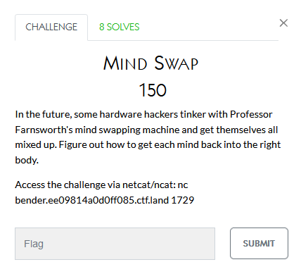 CHALENGE 
MIND SWAP 
150 
In the futue. some ha hackers tinker with 
s mind mapping get a I I 
um to get 
Am via 
bender. ee09814aOdOff085.ctf.land 1729 
